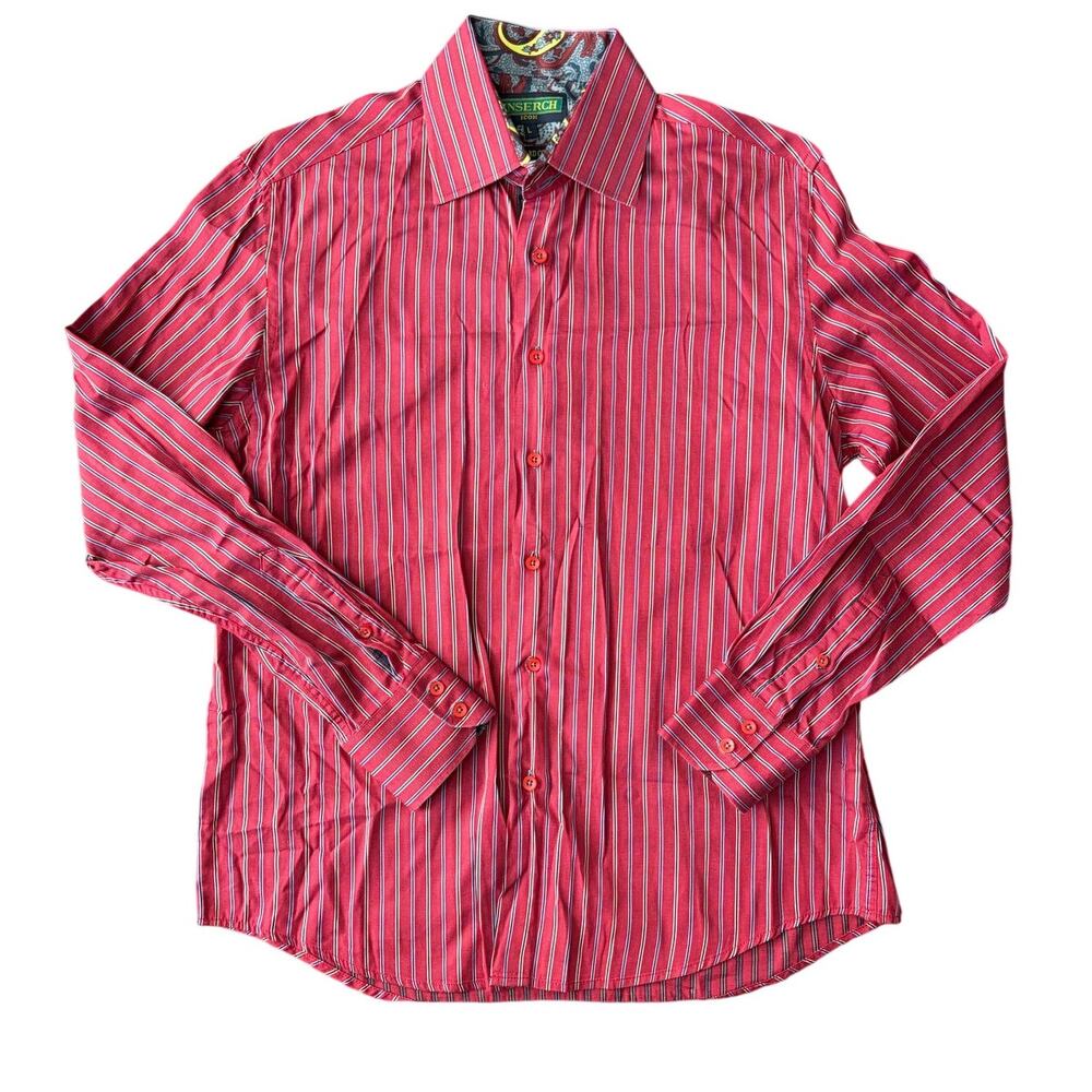 Inserch Icon Shirt Men's Size L Red Jacquard Woven Cotton Long Sleeve Flip Cuff